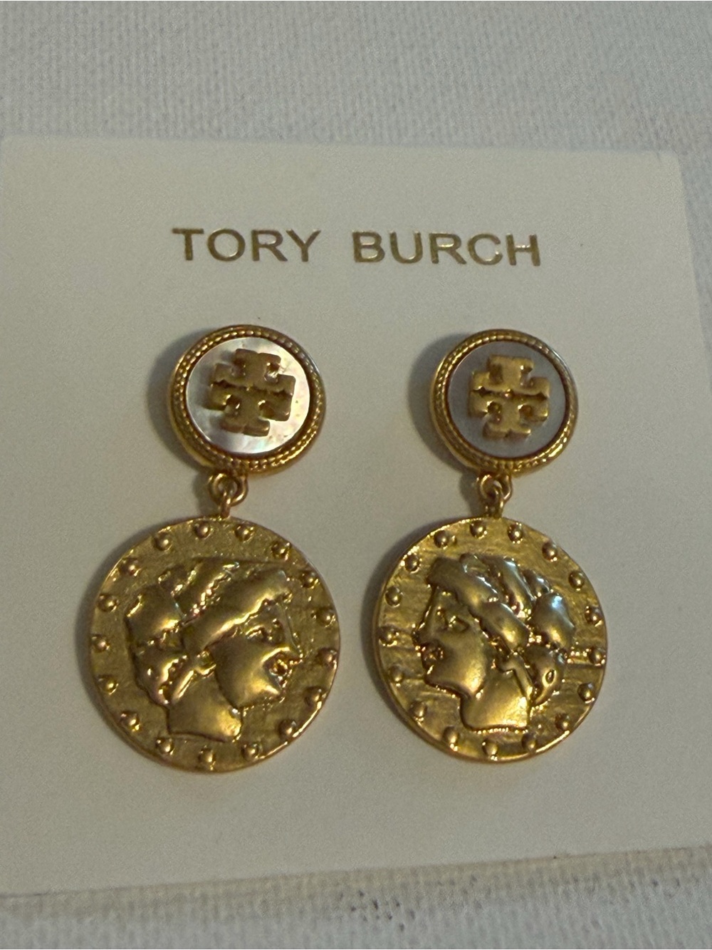 Tory Burch Gold Coin Drop Earrings Mother of Pearl Logo Medallion